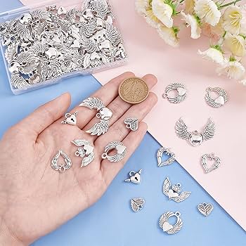 カラー ハートに羽チャーム  8個 yu-beads-parts_m14097